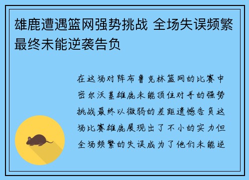 雄鹿遭遇篮网强势挑战 全场失误频繁最终未能逆袭告负