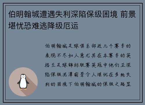 伯明翰城遭遇失利深陷保级困境 前景堪忧恐难逃降级厄运
