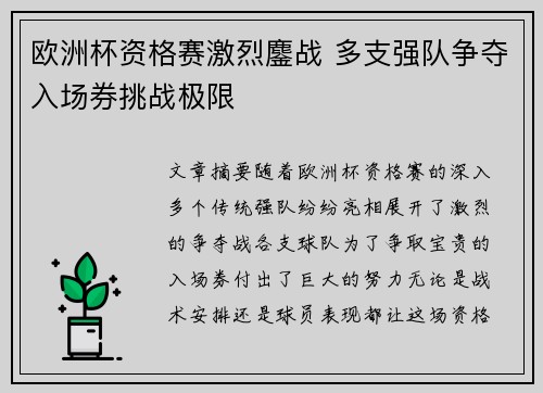 欧洲杯资格赛激烈鏖战 多支强队争夺入场券挑战极限