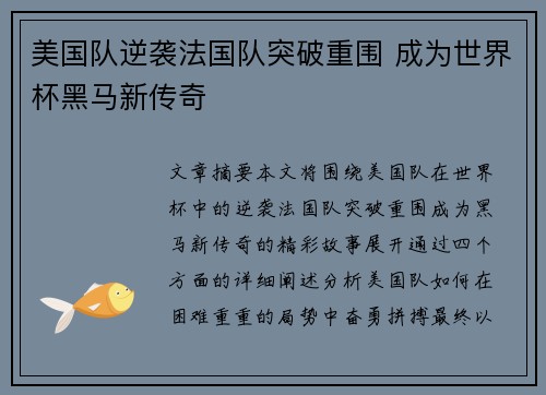 美国队逆袭法国队突破重围 成为世界杯黑马新传奇