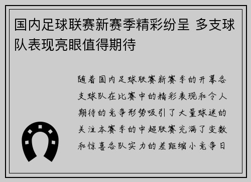 国内足球联赛新赛季精彩纷呈 多支球队表现亮眼值得期待