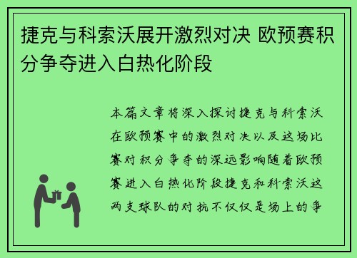 捷克与科索沃展开激烈对决 欧预赛积分争夺进入白热化阶段