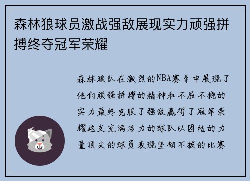 森林狼球员激战强敌展现实力顽强拼搏终夺冠军荣耀