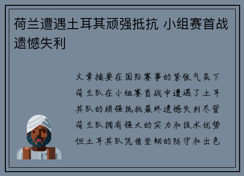 荷兰遭遇土耳其顽强抵抗 小组赛首战遗憾失利
