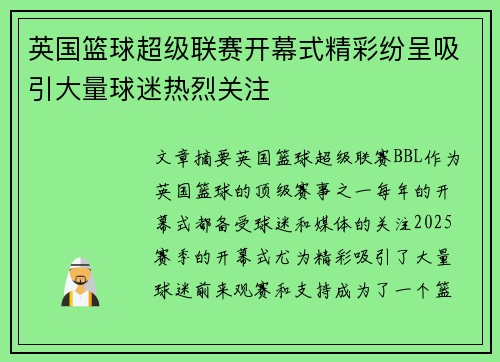 英国篮球超级联赛开幕式精彩纷呈吸引大量球迷热烈关注