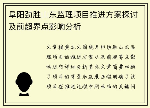 阜阳劲胜山东监理项目推进方案探讨及前超界点影响分析