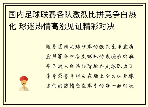 国内足球联赛各队激烈比拼竞争白热化 球迷热情高涨见证精彩对决